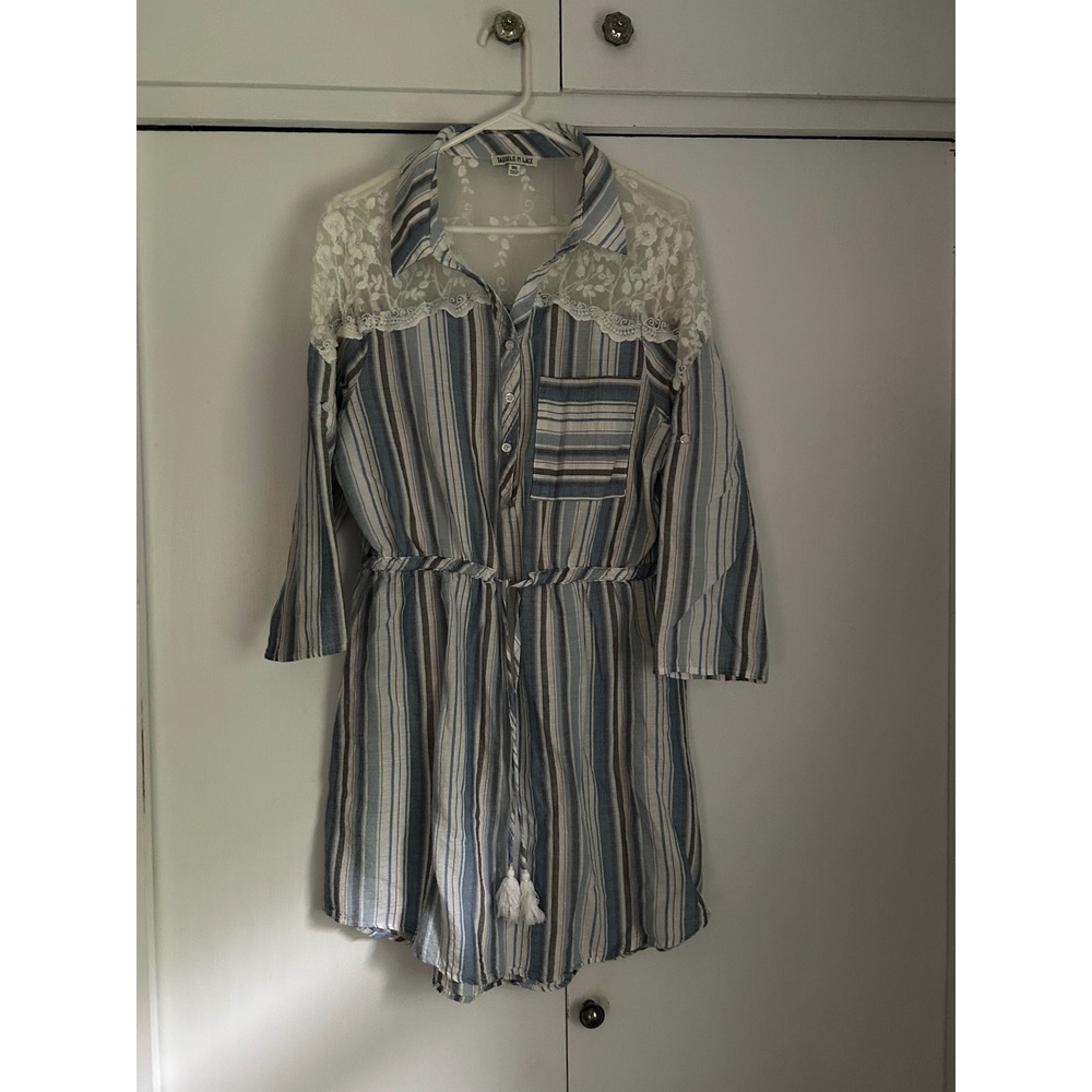 Tassels N Lace Blue Striped Lace Yoke Shirt Dress Plus 1XL Boho Tassel Waist